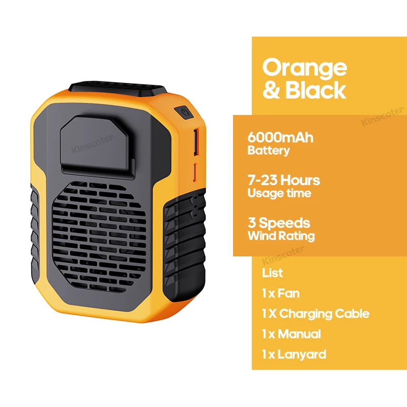 "Portable Neck & Waist Fan – 6000mAh Rechargeable USB Cooling Device"