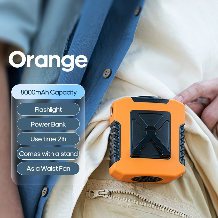 "Portable Neck & Waist Fan – 6000mAh Rechargeable USB Cooling Device"