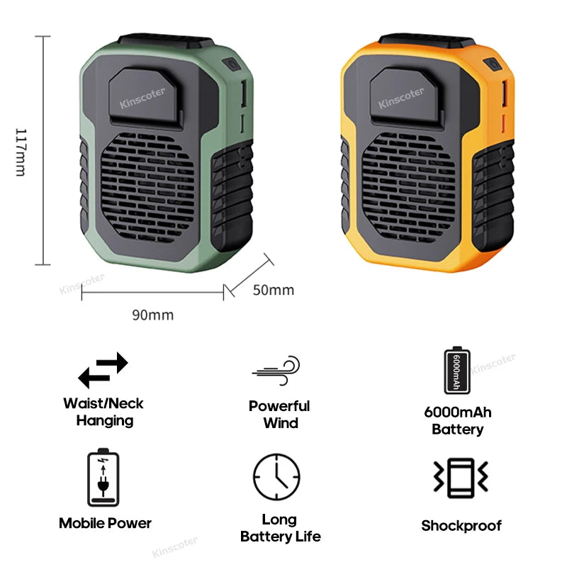 "Portable Neck & Waist Fan – 6000mAh Rechargeable USB Cooling Device"