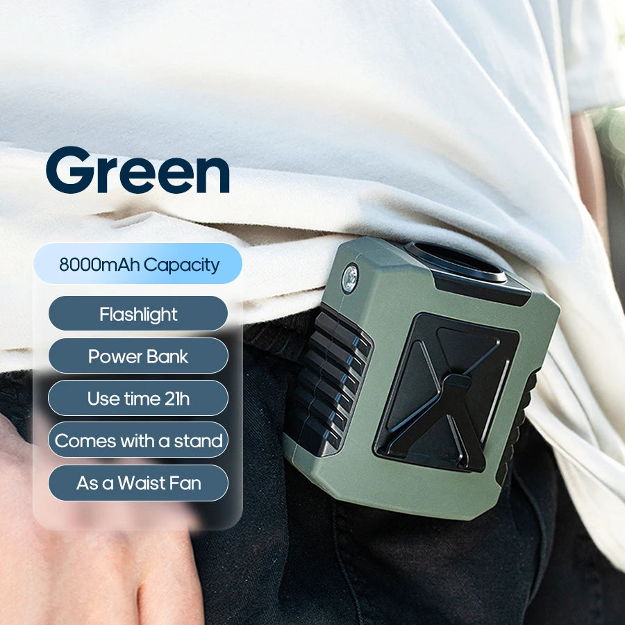 "Portable Neck & Waist Fan – 6000mAh Rechargeable USB Cooling Device"