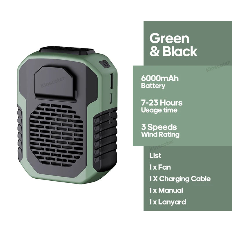 "Portable Neck & Waist Fan – 6000mAh Rechargeable USB Cooling Device"